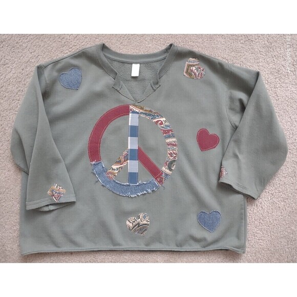 Custom Sweatshirt Upcycled OOAK Patchwork Peace Symbol Boho Cottage Prairie - Picture 9 of 10